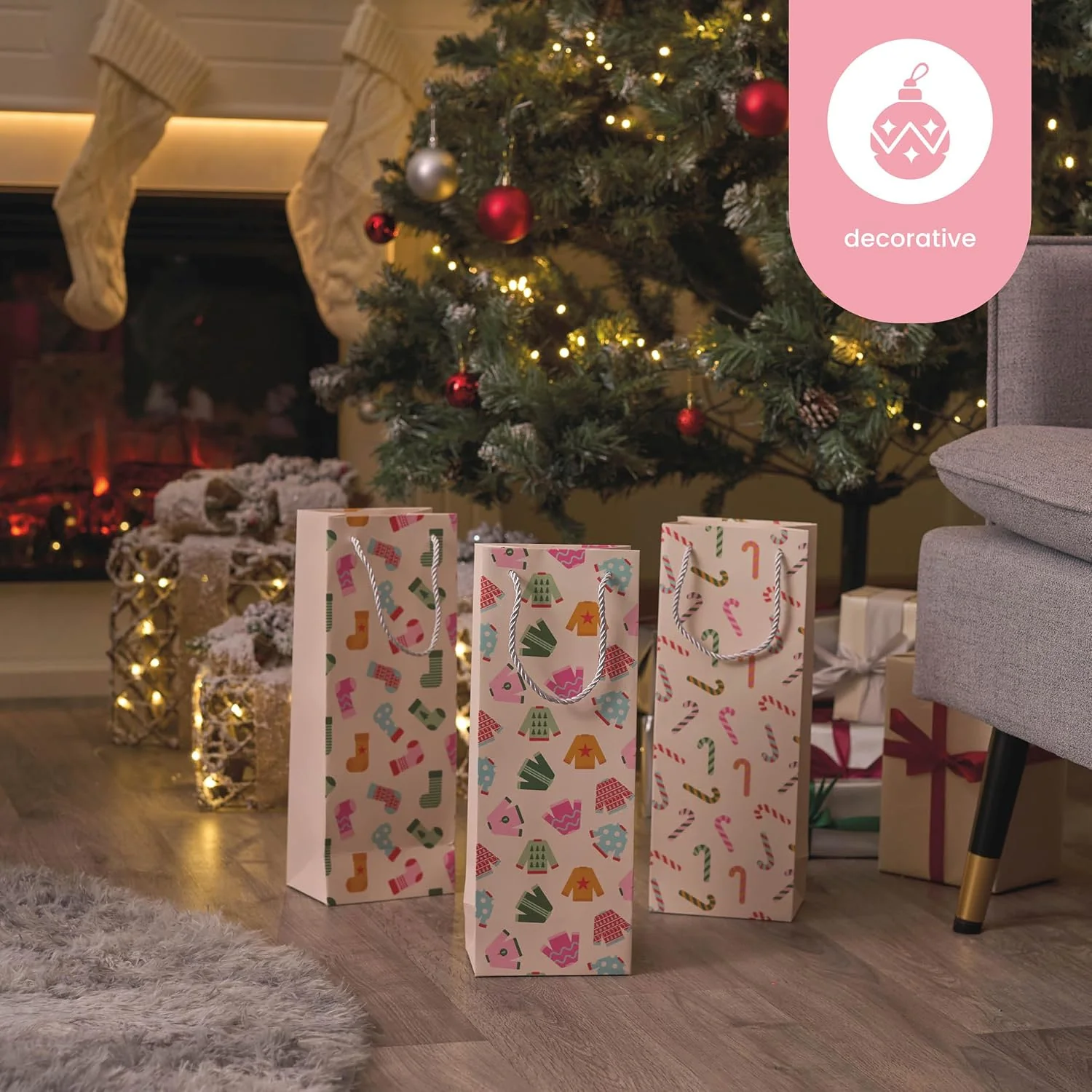 12 Christmas Wine Gift Bags with Sturdy Rope Handles in Festive Pastel Xmas Designs, Gift Bottle Bags - Image 3