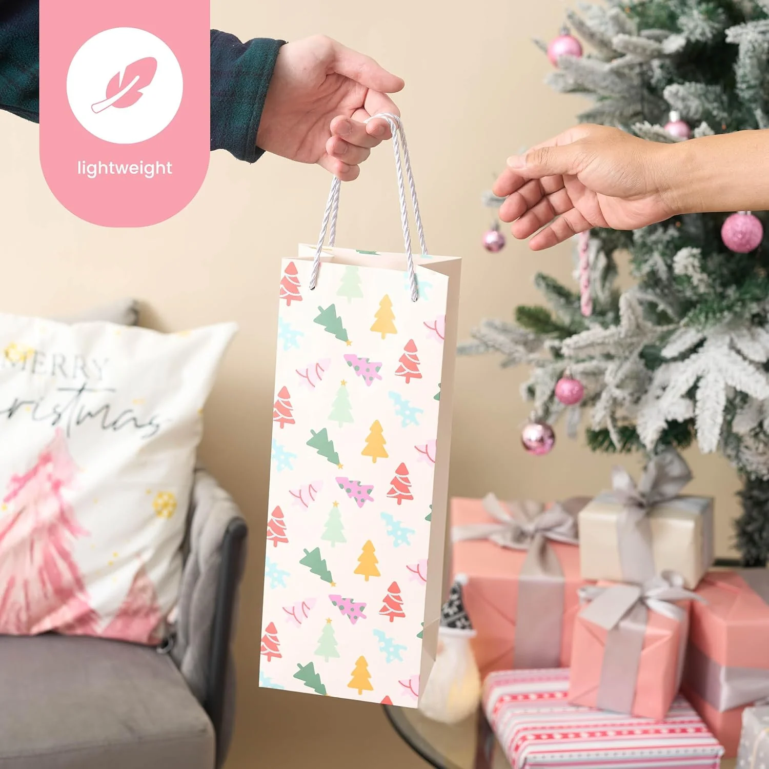 12 Christmas Wine Gift Bags with Sturdy Rope Handles in Festive Pastel Xmas Designs, Gift Bottle Bags - Image 4