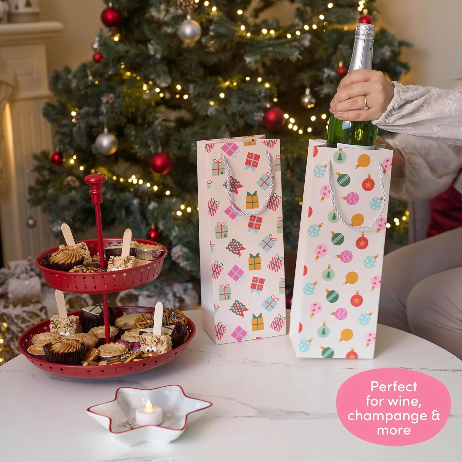 12 Christmas Wine Gift Bags with Sturdy Rope Handles in Festive Pastel Xmas Designs, Gift Bottle Bags - Image 5