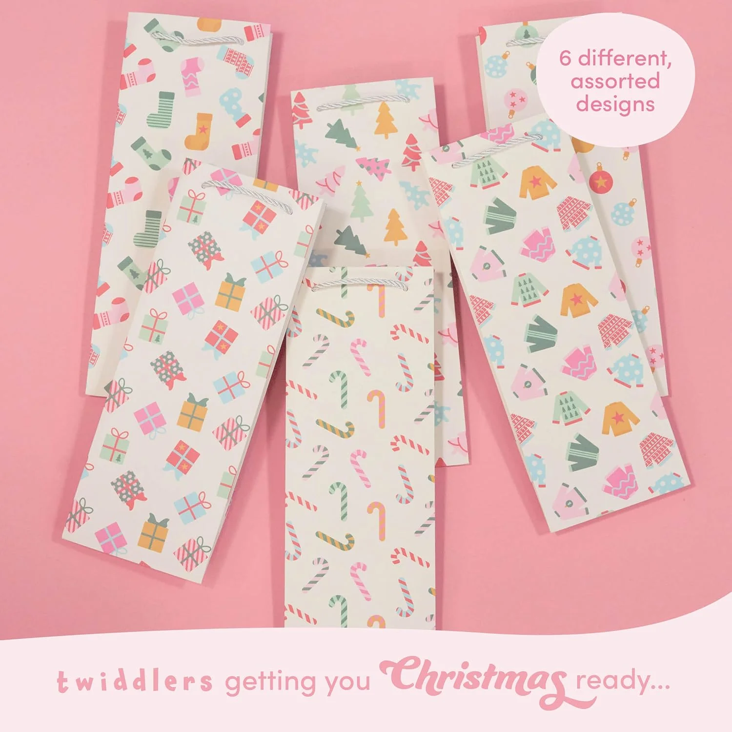 12 Christmas Wine Gift Bags with Sturdy Rope Handles in Festive Pastel Xmas Designs, Gift Bottle Bags - Image 6