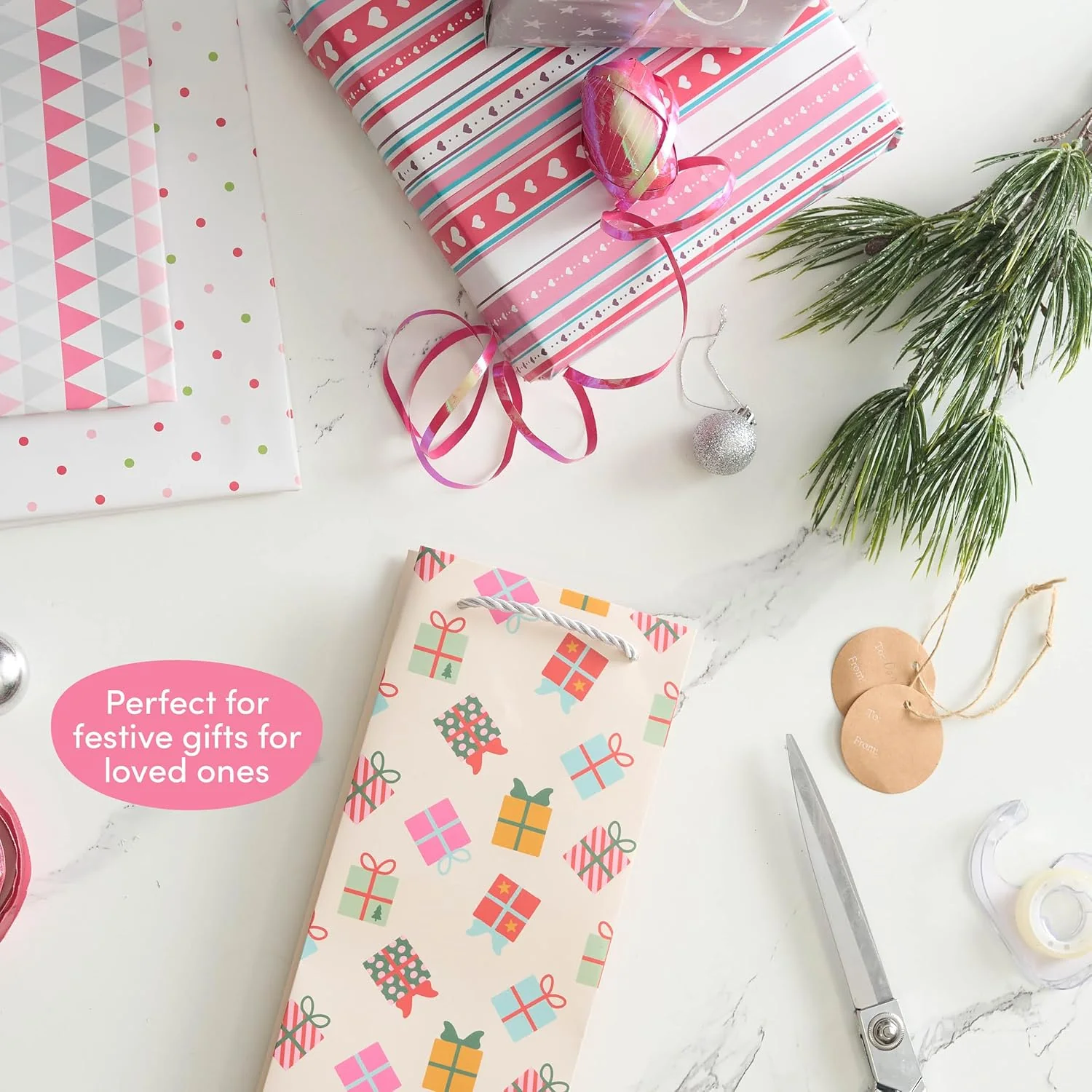 12 Christmas Wine Gift Bags with Sturdy Rope Handles in Festive Pastel Xmas Designs, Gift Bottle Bags - Image 7