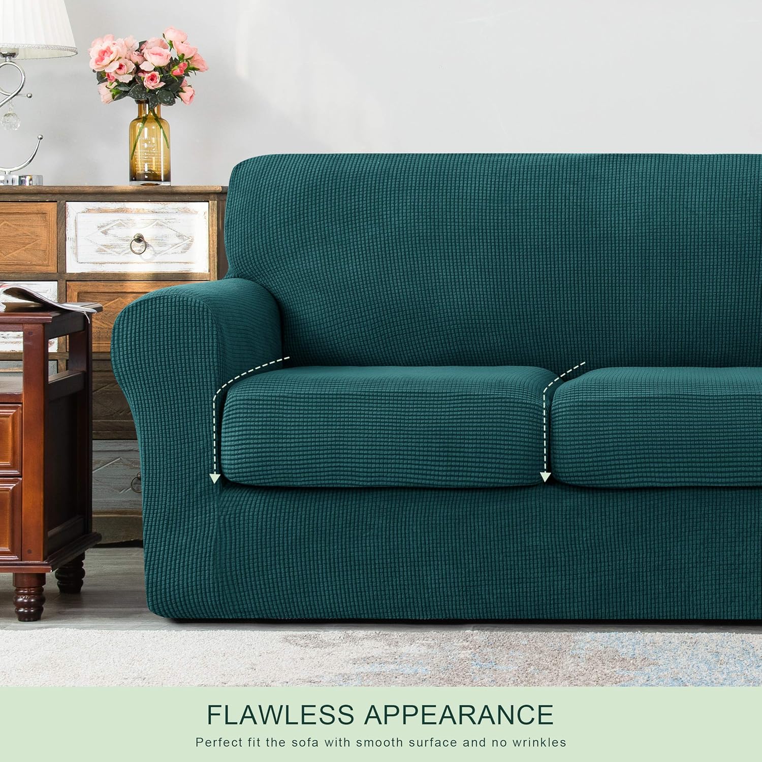 3 piece Jacquard Spandex Sofa Stretch Cover with Cushion Covers - Turquoise - Image 2
