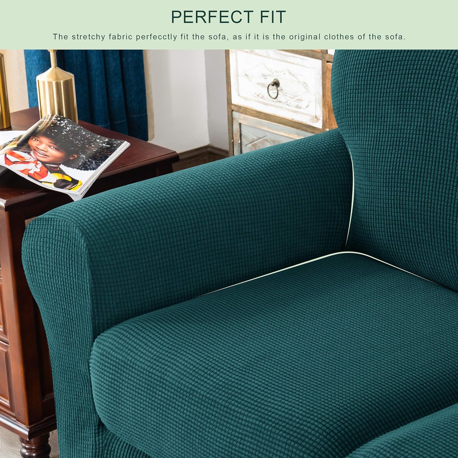 3 piece Jacquard Spandex Sofa Stretch Cover with Cushion Covers - Turquoise - Image 3