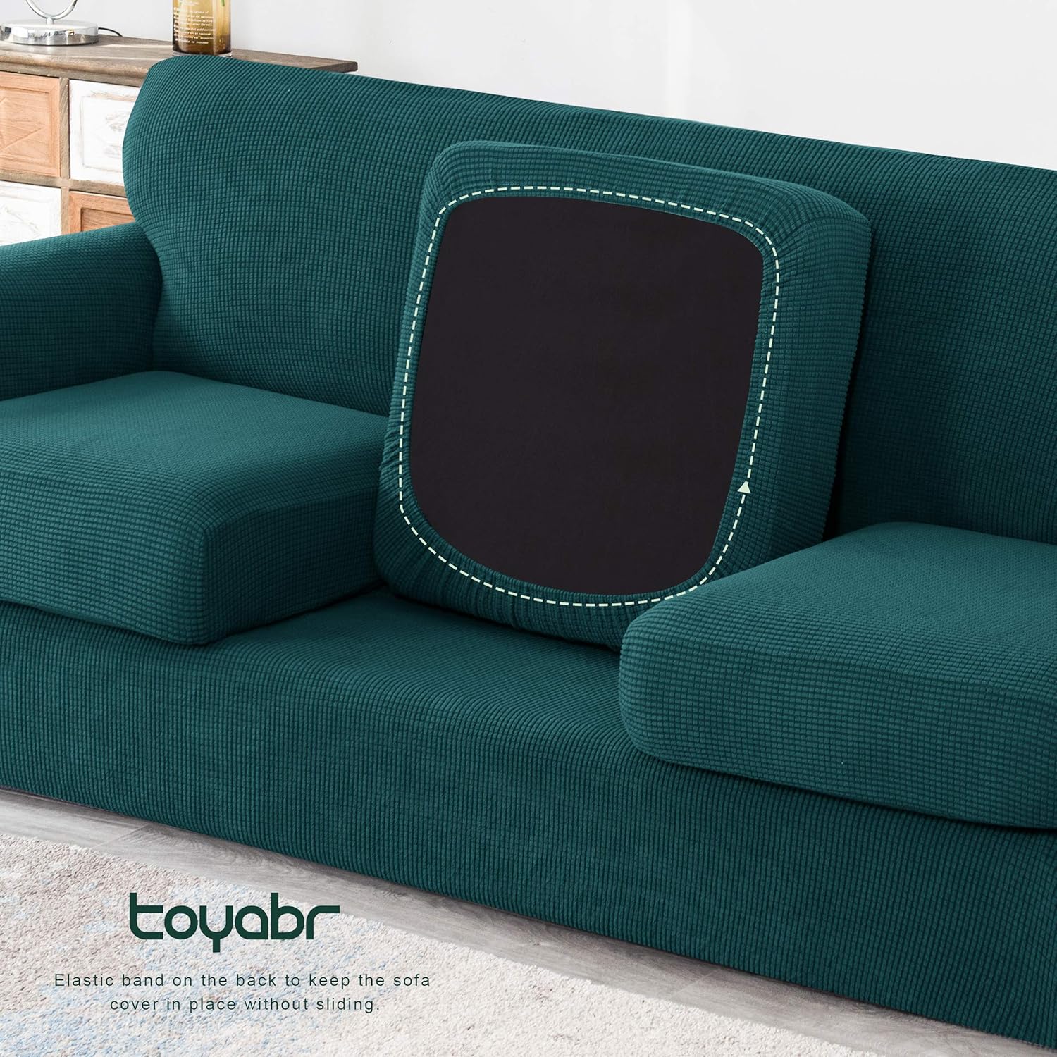 3 piece Jacquard Spandex Sofa Stretch Cover with Cushion Covers - Turquoise - Image 5