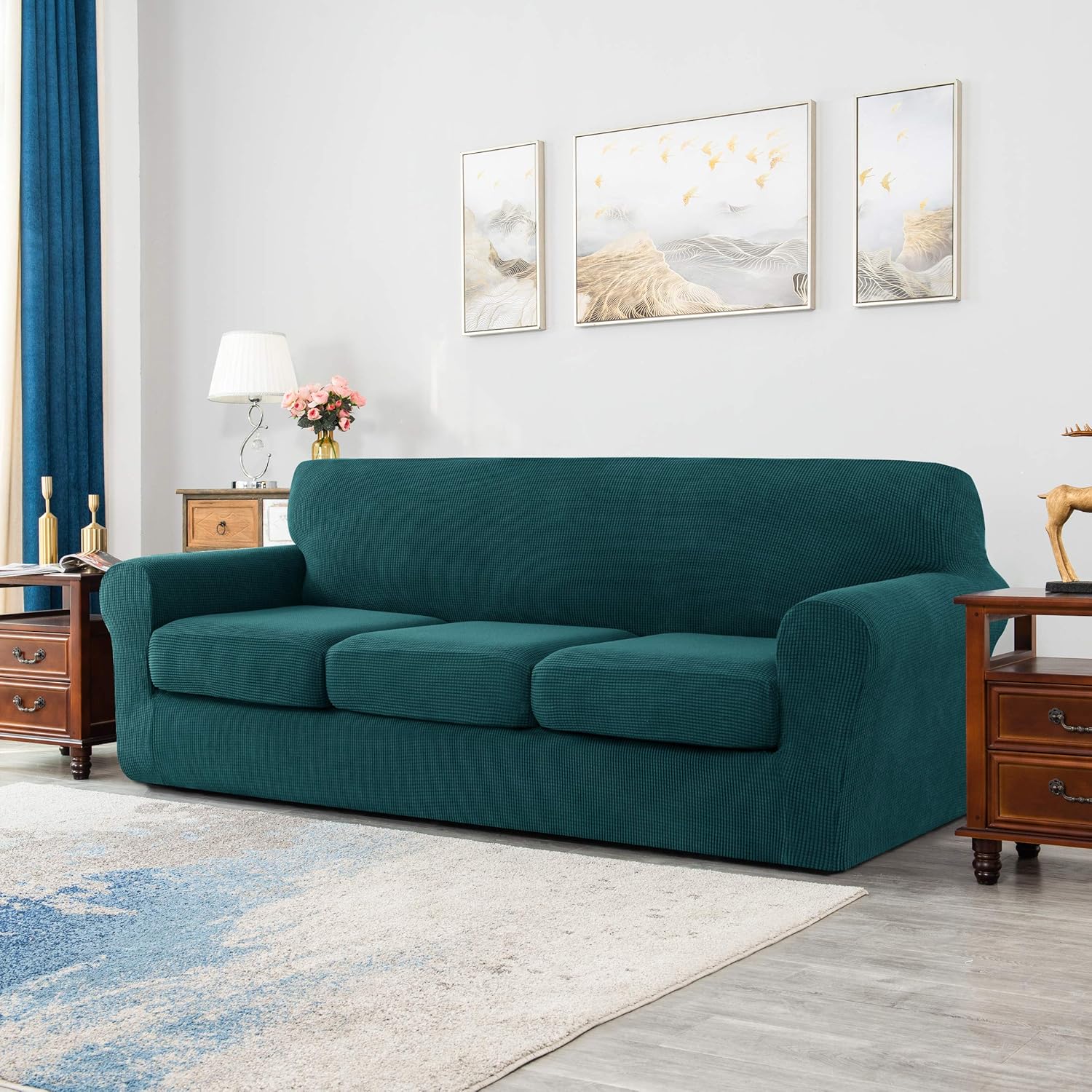 3 piece Jacquard Spandex Sofa Stretch Cover with Cushion Covers - Turquoise - Image 7