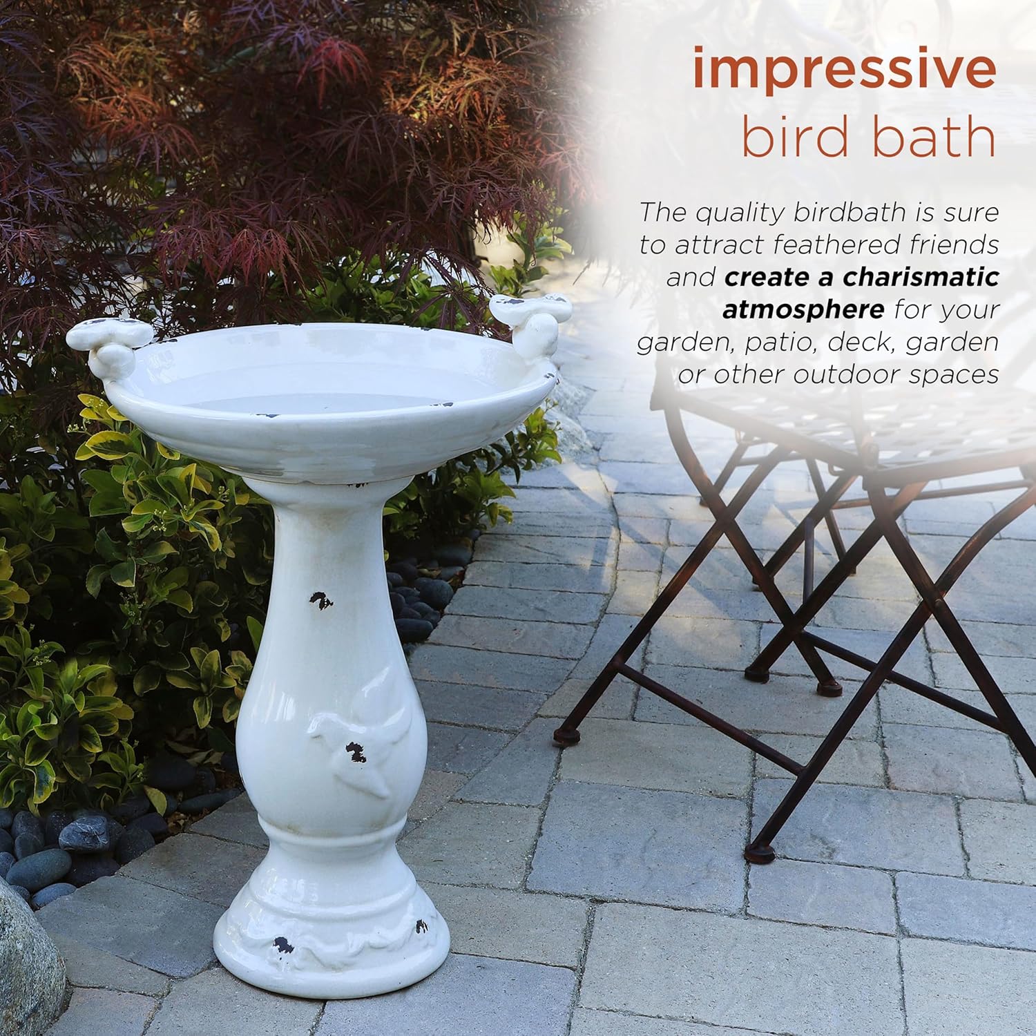 Alpine Corporation Outdoor Antique Ceramic Birdbath - Light Brown - Image 4