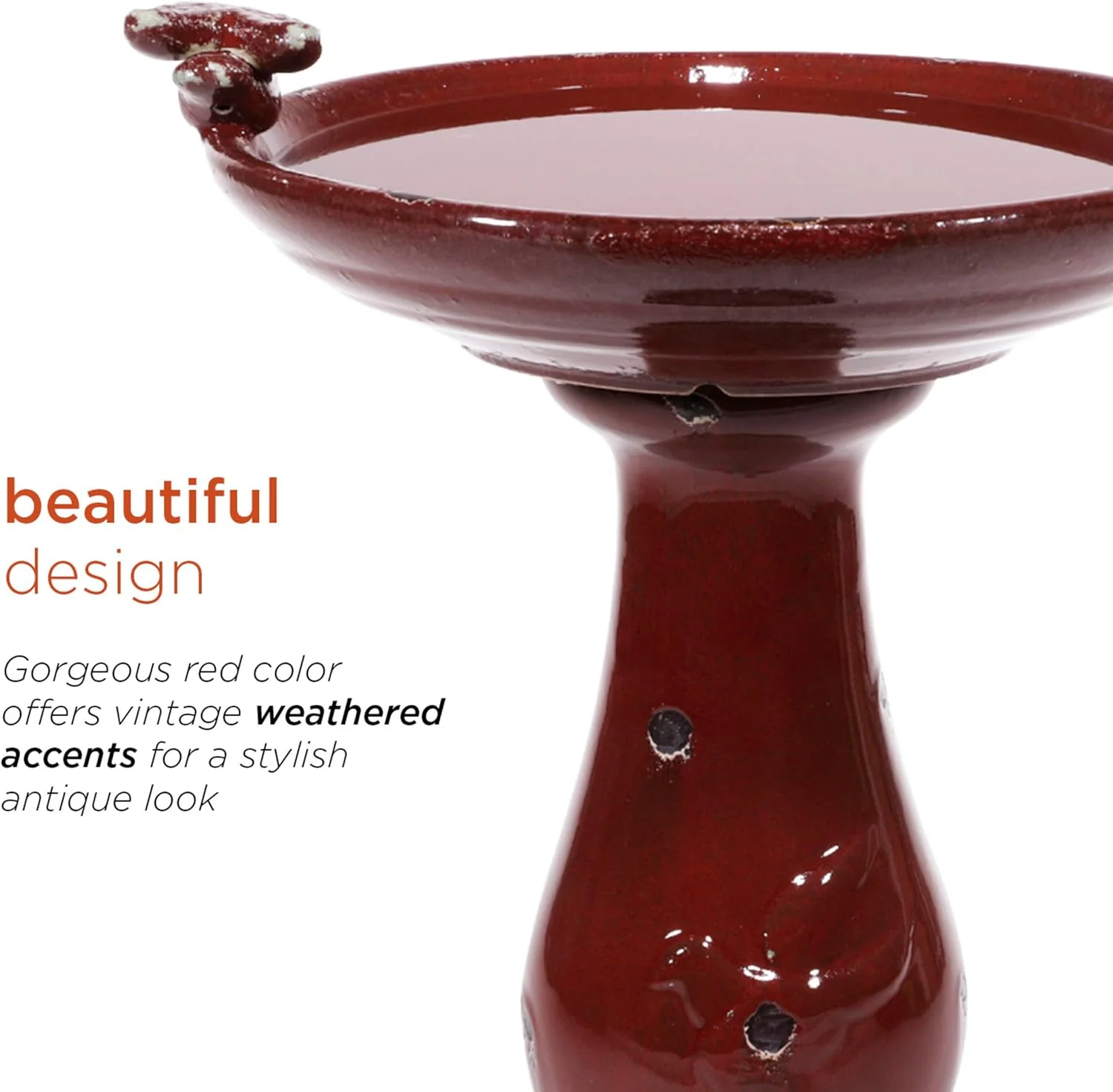 Alpine Corporation Outdoor Ceramic Antique Pedestal Birdbath - Red - Image 4