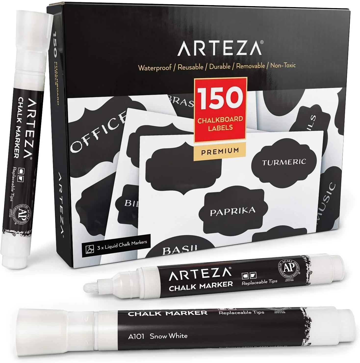 Arteza 150 Chalkboard Labels for Jars, Spice Jar Labels with 3 White Chalk Pens