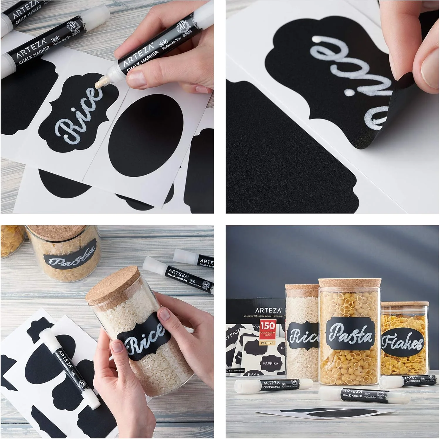 Arteza 150 Chalkboard Labels for Jars, Spice Jar Labels with 3 White Chalk Pens - Image 2