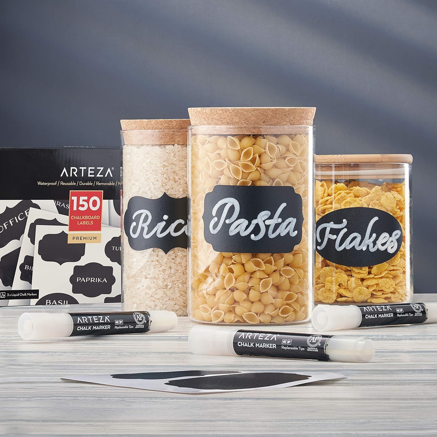 Arteza 150 Chalkboard Labels for Jars, Spice Jar Labels with 3 White Chalk Pens - Image 3
