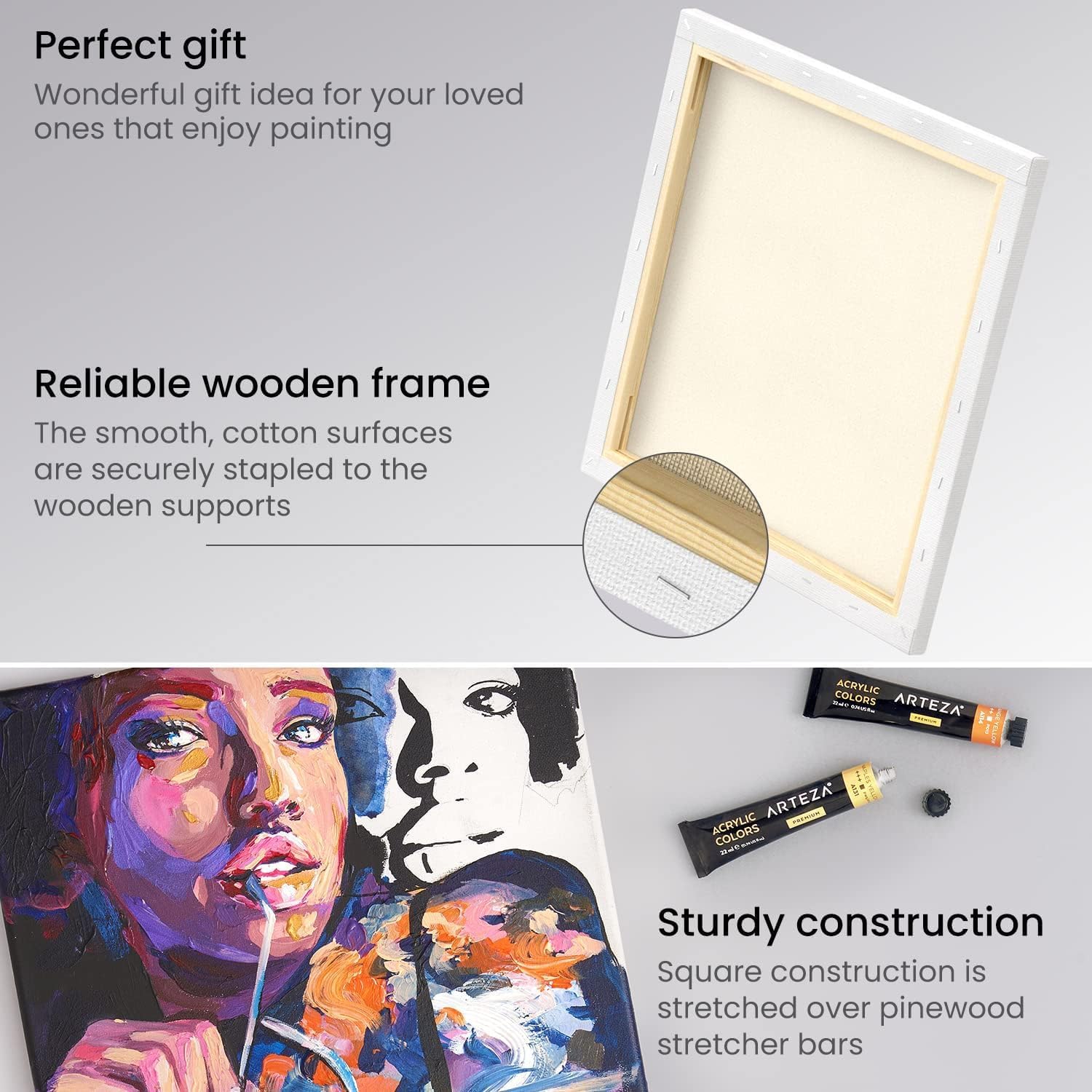 ARTEZA Premium Stretched Square Canvas - 12"x12" (30x30cm) - 8 Pack - Image 4