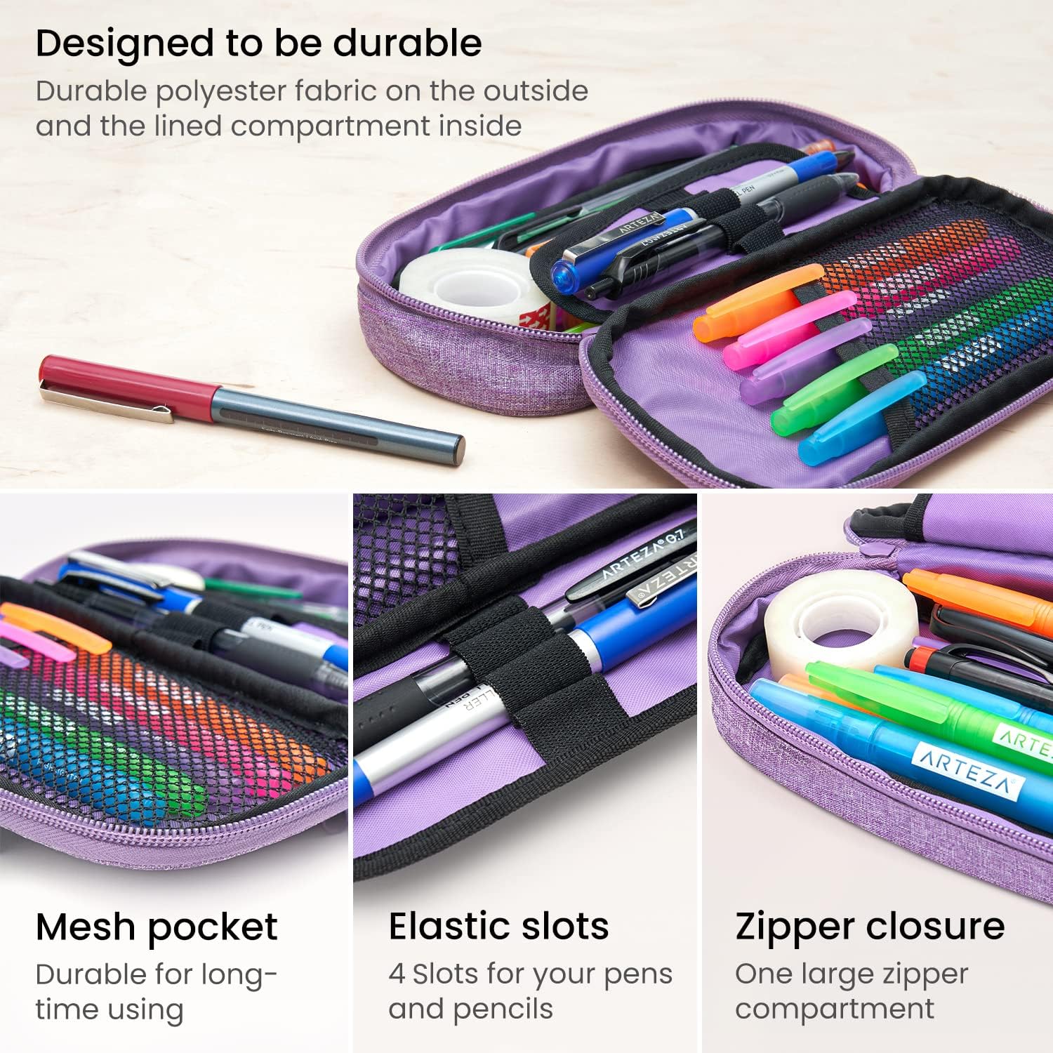 ARTEZA Lightweight Purple Pencil Case with Zip - Image 5