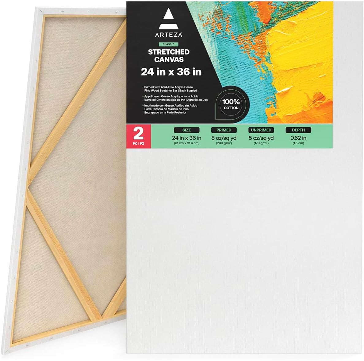 Arteza Stretched White Blank Canvas - 60x91cm (24x36") - 2 Pack in