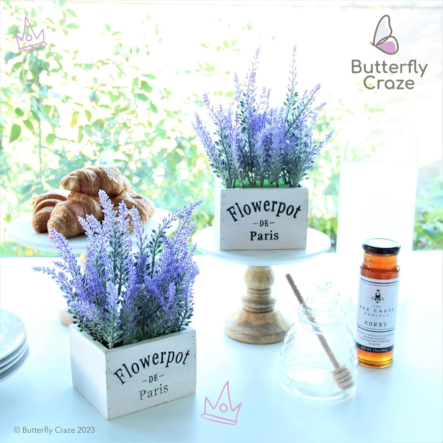 Artificial Lavender Plants in Rustic Wooden Planters - Set of 2 - Image 2