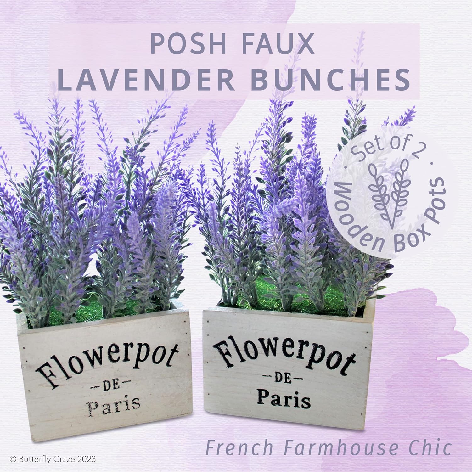 Artificial Lavender Plants in Rustic Wooden Planters - Set of 2 - Image 3