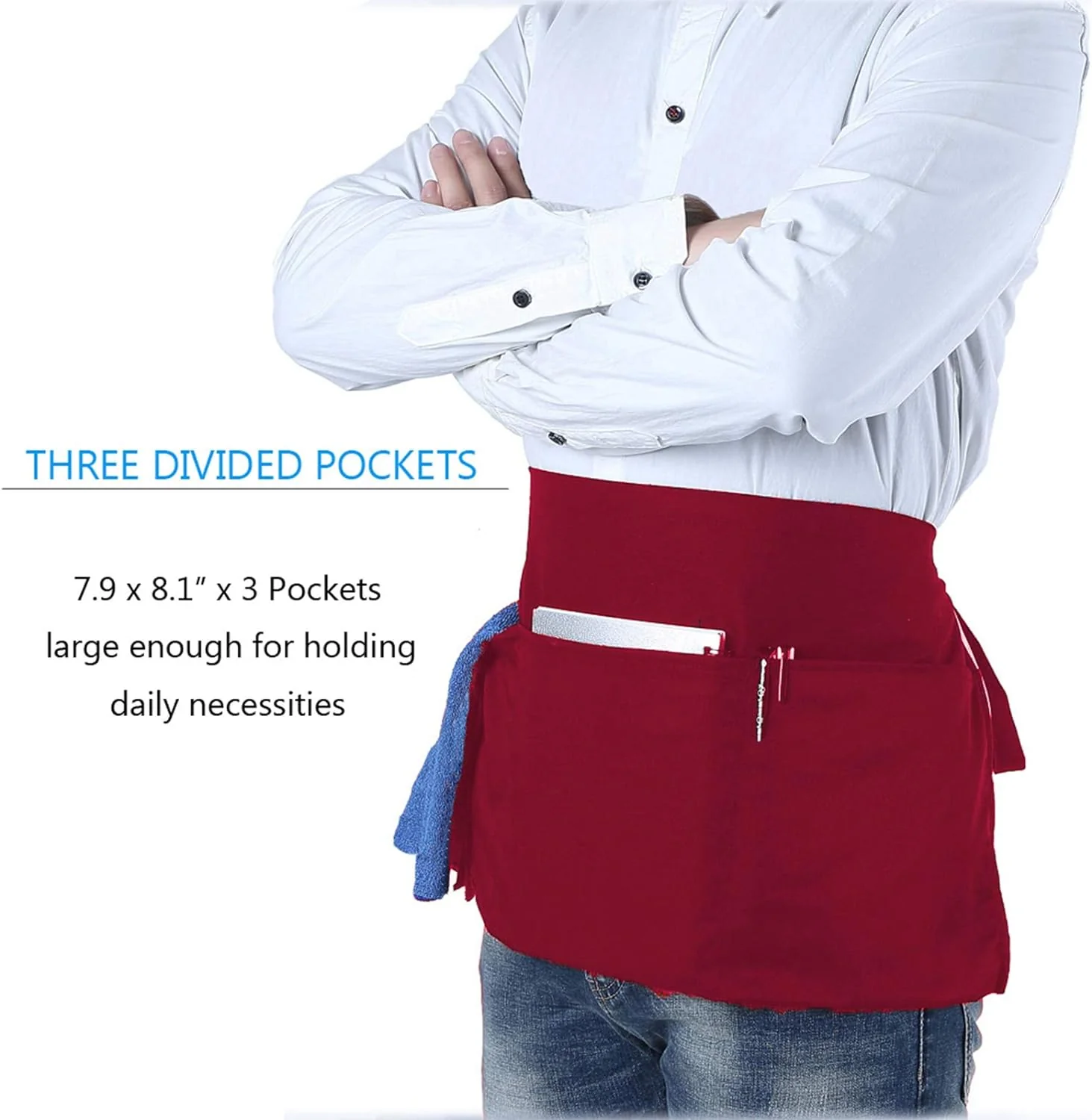 BOHARERS Waist Apron with 3 Pockets - Red Short Apron - Image 4