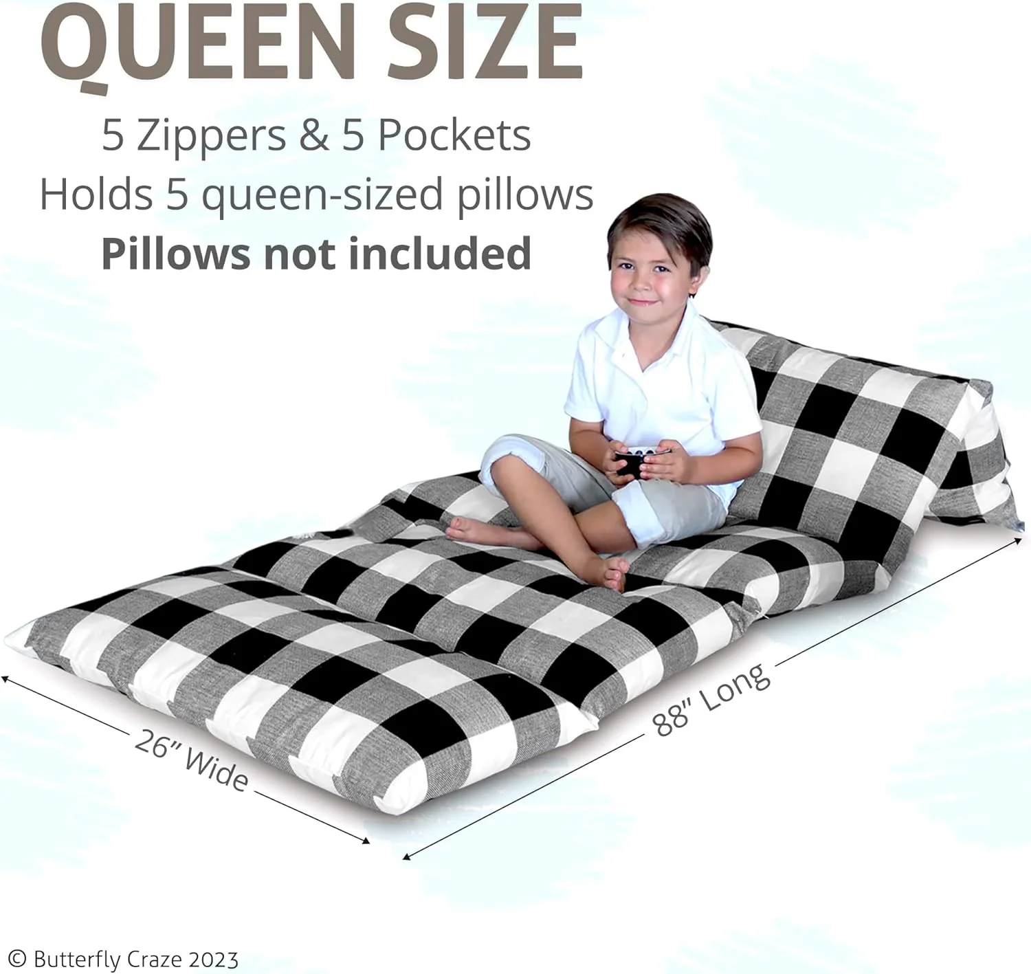 Butterfly Craze Floor Pillow Case, Mattress Bed Lounger Cover - Black/White - Image 2