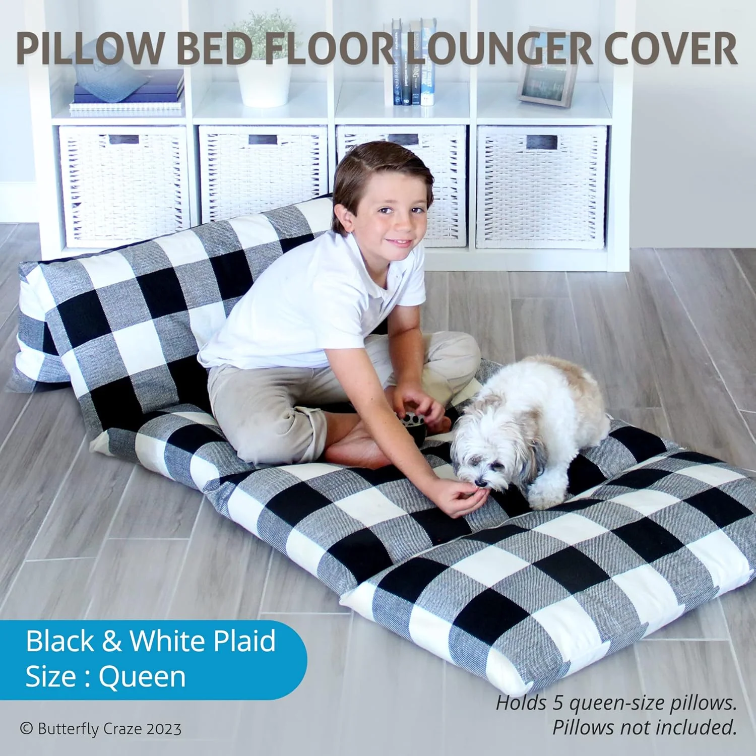 Butterfly Craze Floor Pillow Case, Mattress Bed Lounger Cover - Black/White - Image 3