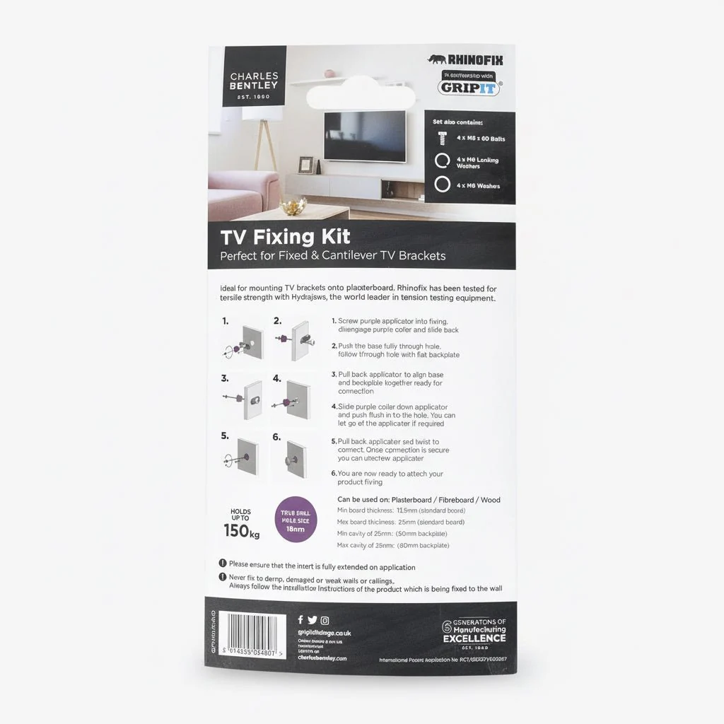 Charles Bentley Gripit Rhinofix Cantilever TV Fixing Kit - Image 4