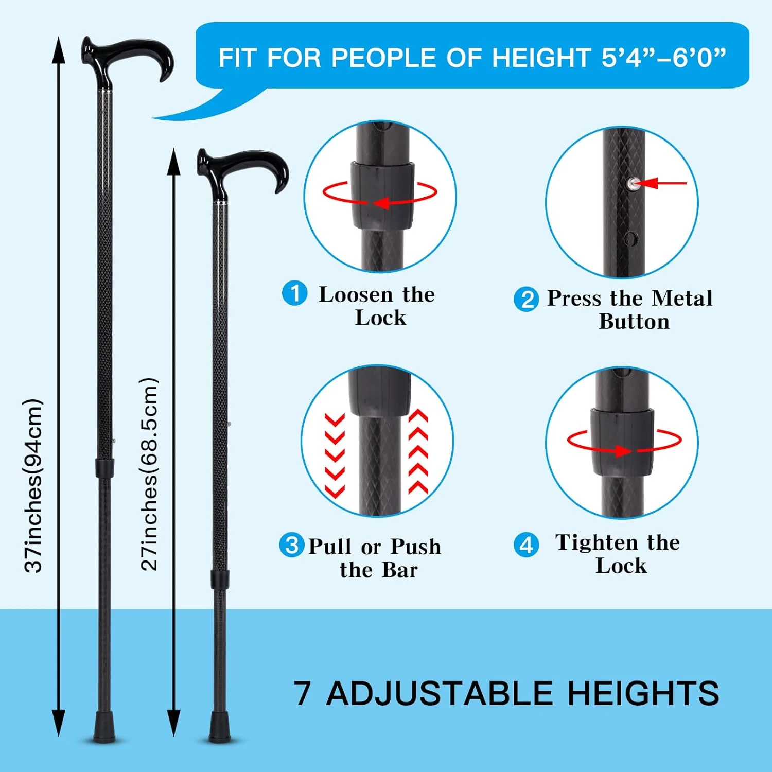 DRAGON CARBON Adjustable Walking Cane (68.5-94 cm) - Black - Image 5