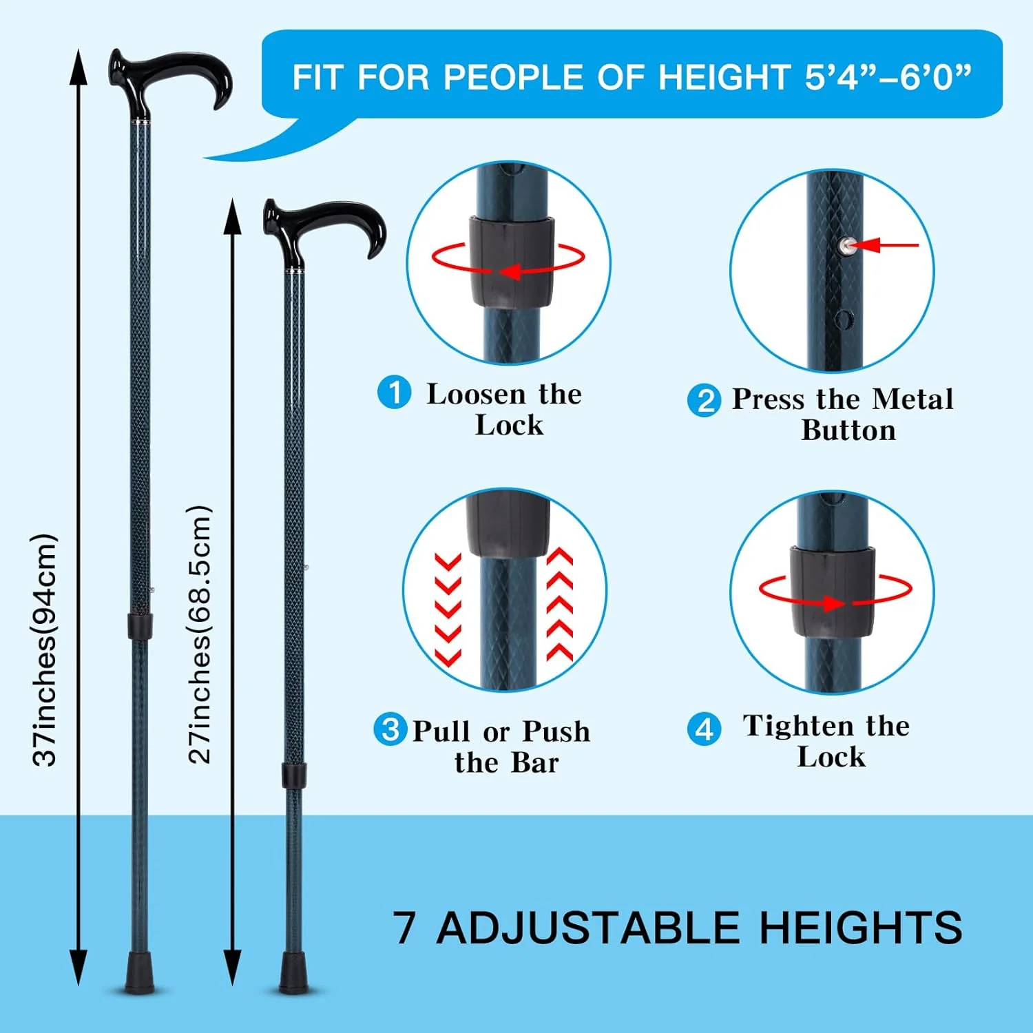 DRAGON CARBON Adjustable Walking Cane (68.5-94 cm) - Blue - Image 6