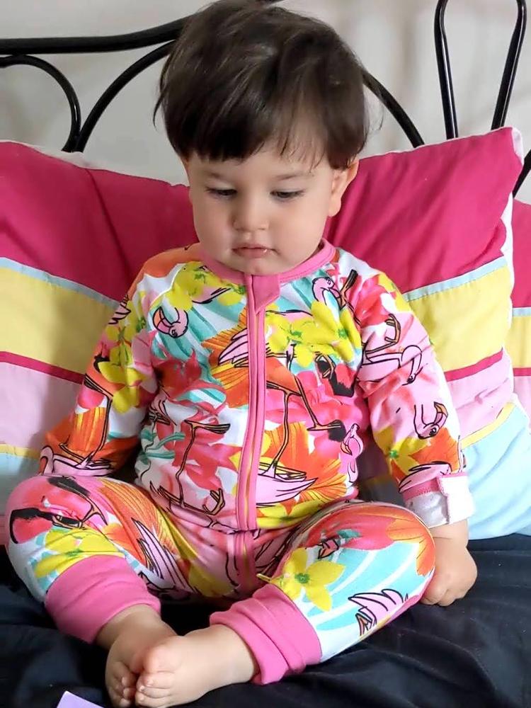 Flowery-Flamingos Zip Baby Sleepsuit (Various Sizes) - Image 3