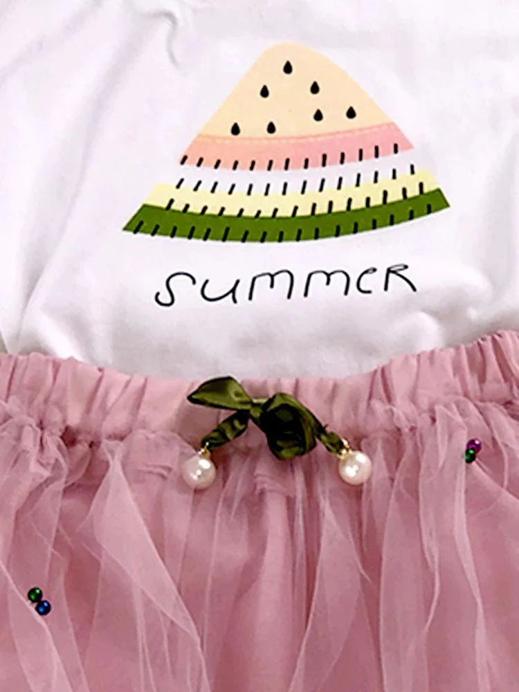 Girls 2 Piece White and Pale Pink T-Shirt & Tulle Skirt (Various Sizes) - Image 2