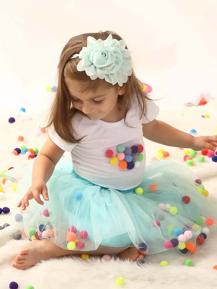 Girls Turquoise Blue Tulle Pom Pom Tutu Skirt (Various Sizes) - Image 2