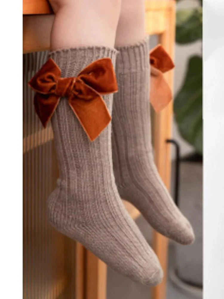 Girls Velvet Bow Long Socks - Beige (Various Sizes) - Image 3