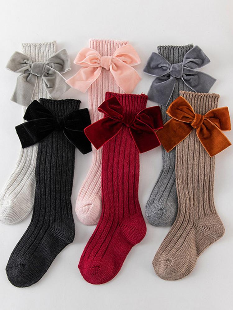 Girls Velvet Bow Long Socks - Beige (Various Sizes) - Image 4