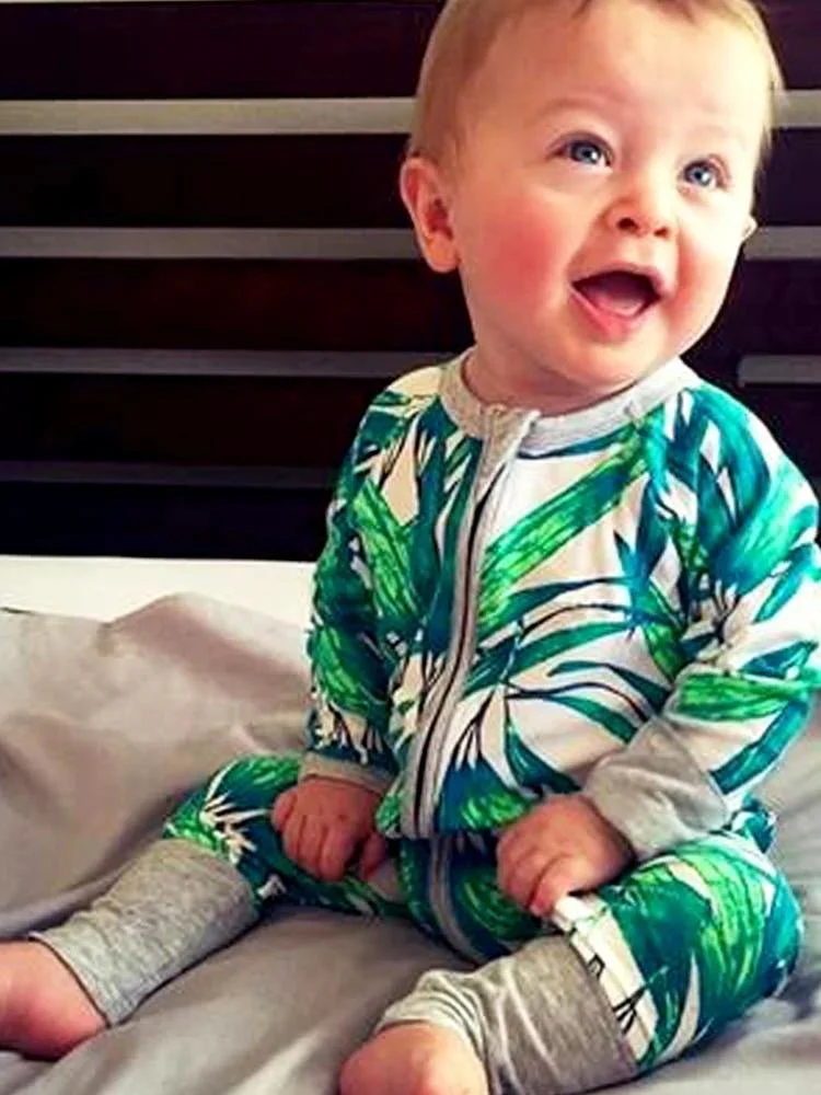 Green Blue Tropical Baby Zip Sleepsuit with Hand & Feet Cuffs (Various Sizes) - Image 4