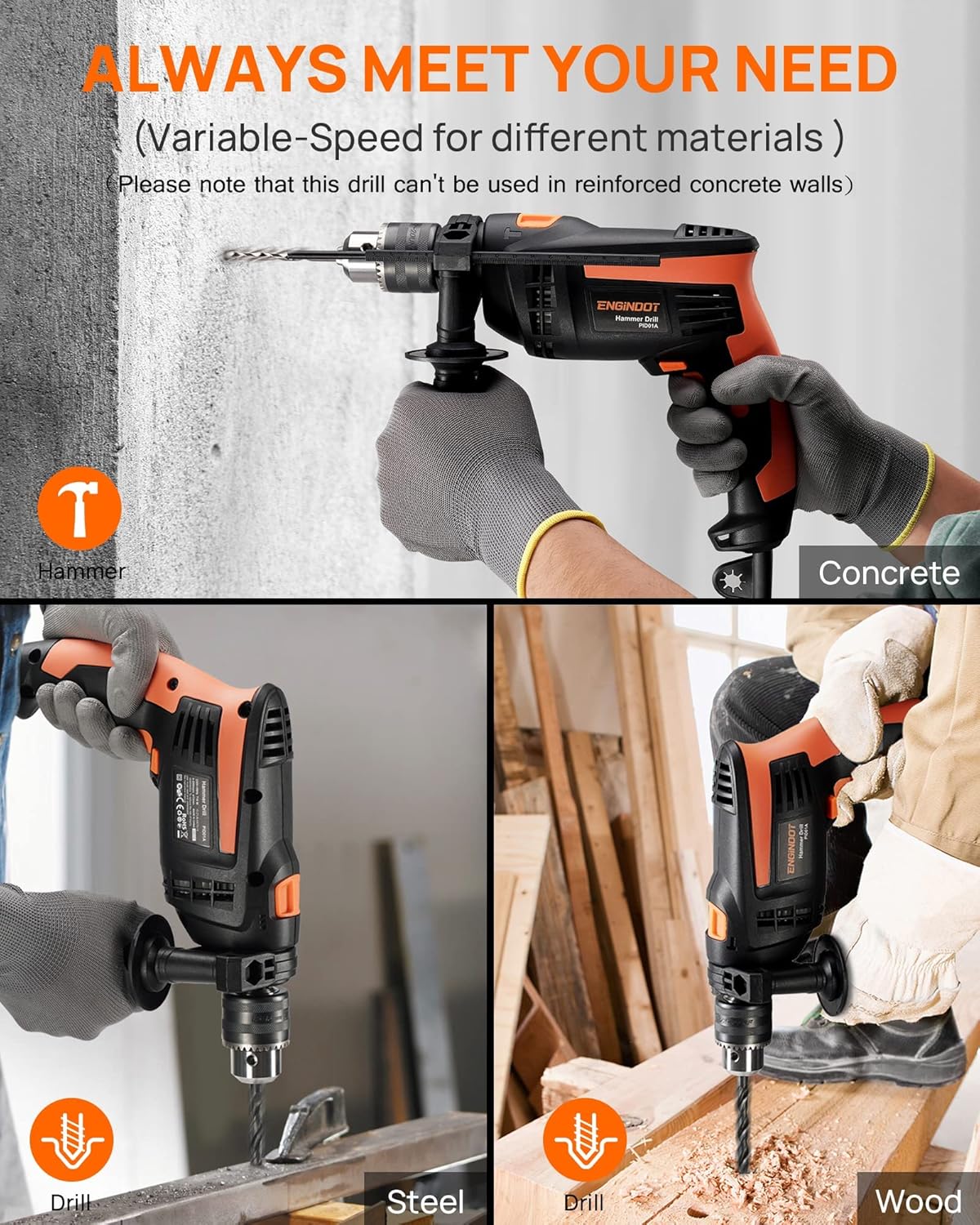 Hammer Drill, ENGiNDOT 710W Corded Impact Drill 2 IN1 - Image 2