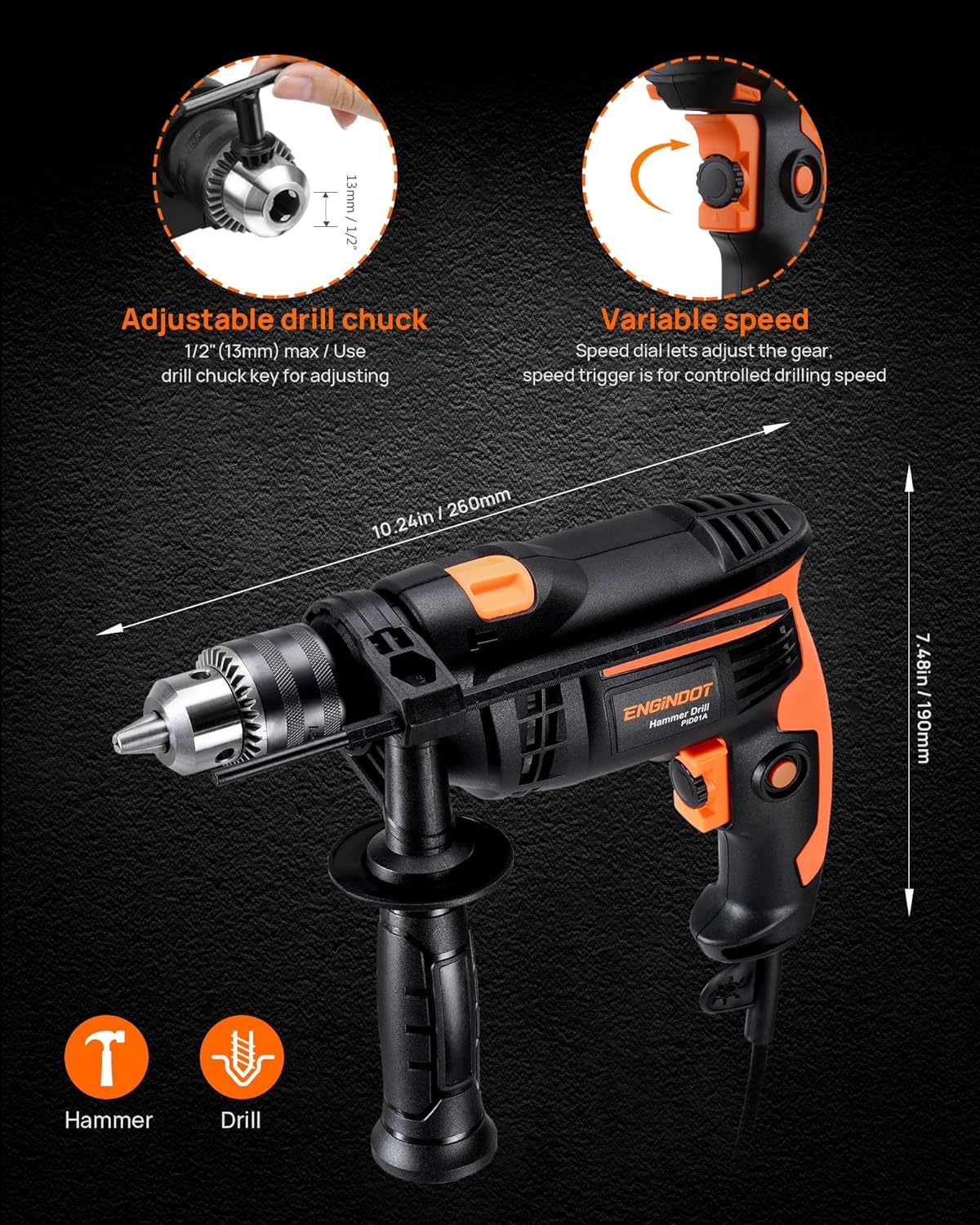 Hammer Drill, ENGiNDOT 710W Corded Impact Drill 2 IN1 - Image 3