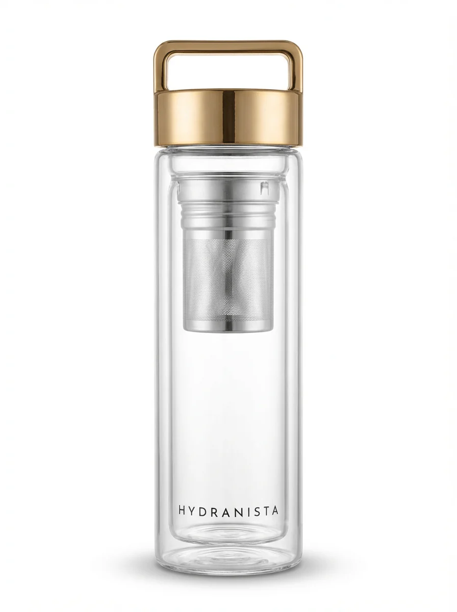 Hydranista Glass Water Bottle with infuser 500ml - Gold Lid