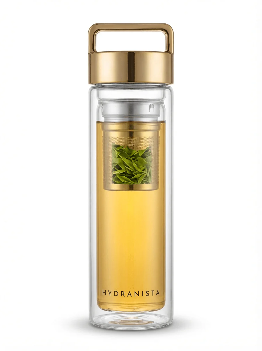Hydranista Glass Water Bottle with infuser 500ml - Gold Lid - Image 4
