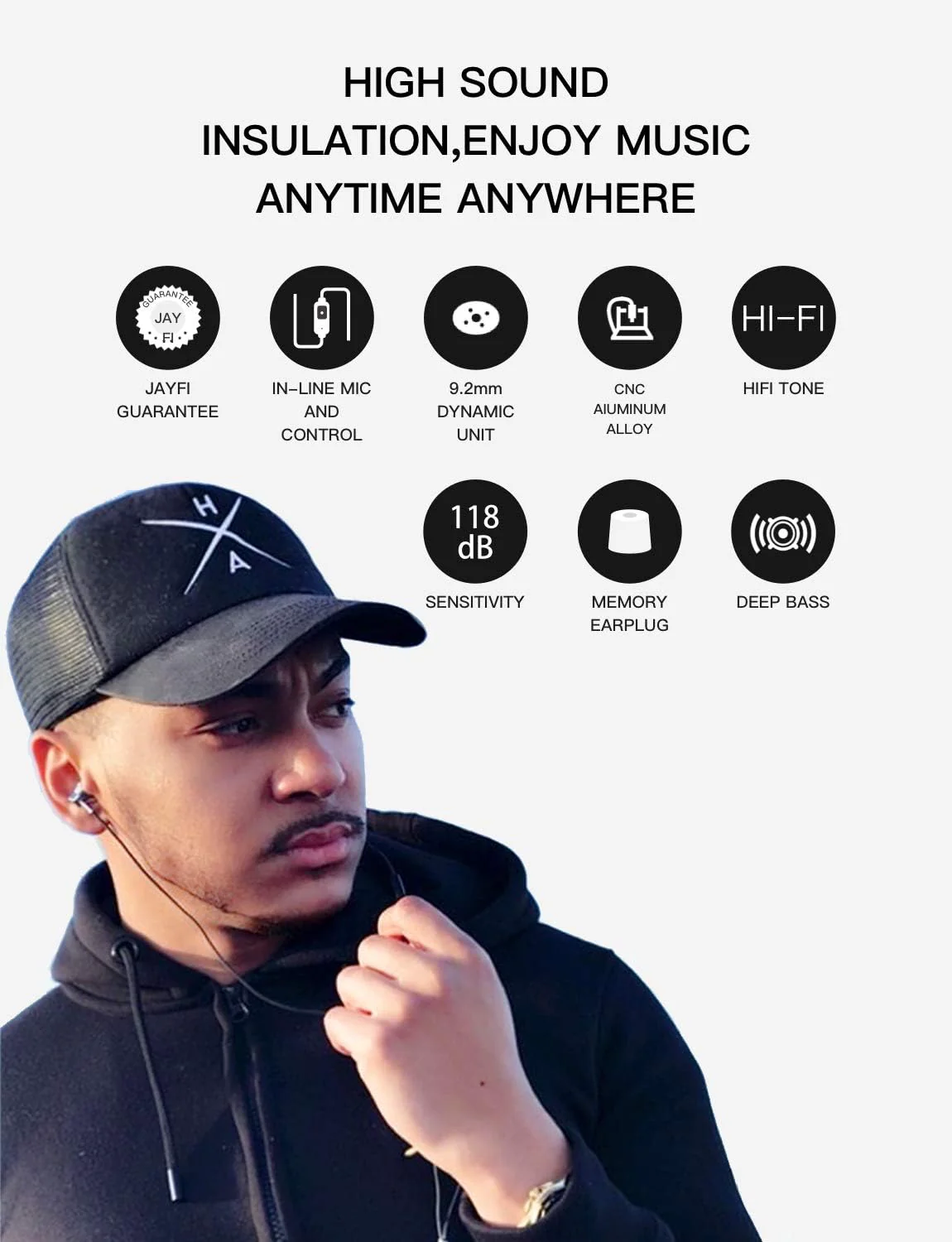 Jayfi JEB-101 Saucer-Type in-Ear Headphones with Memory Foam Earplug - Image 6