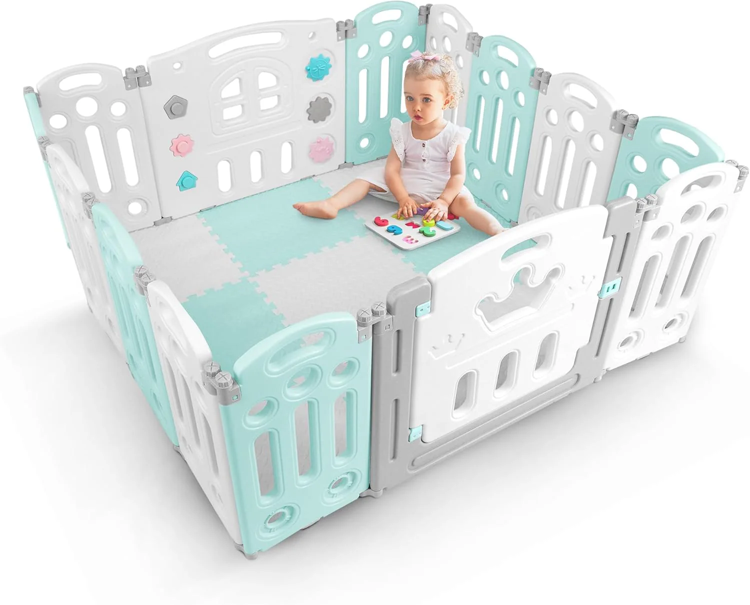 KIDOOLA Adjustable Plastic Baby Toddler Playpen & Anti Slip Playmats (Light Blue)