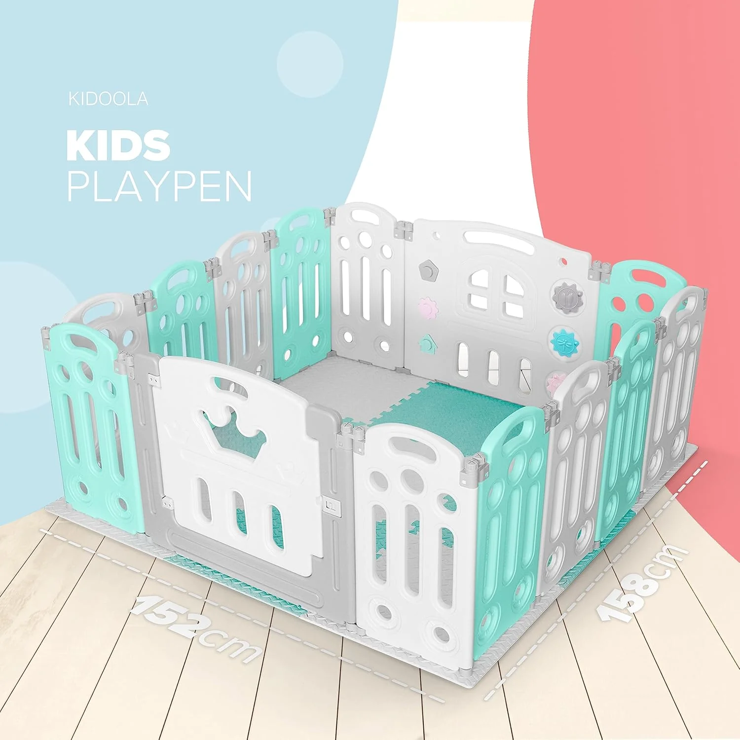 KIDOOLA Adjustable Plastic Baby Toddler Playpen & Anti Slip Playmats (Light Blue) - Image 3