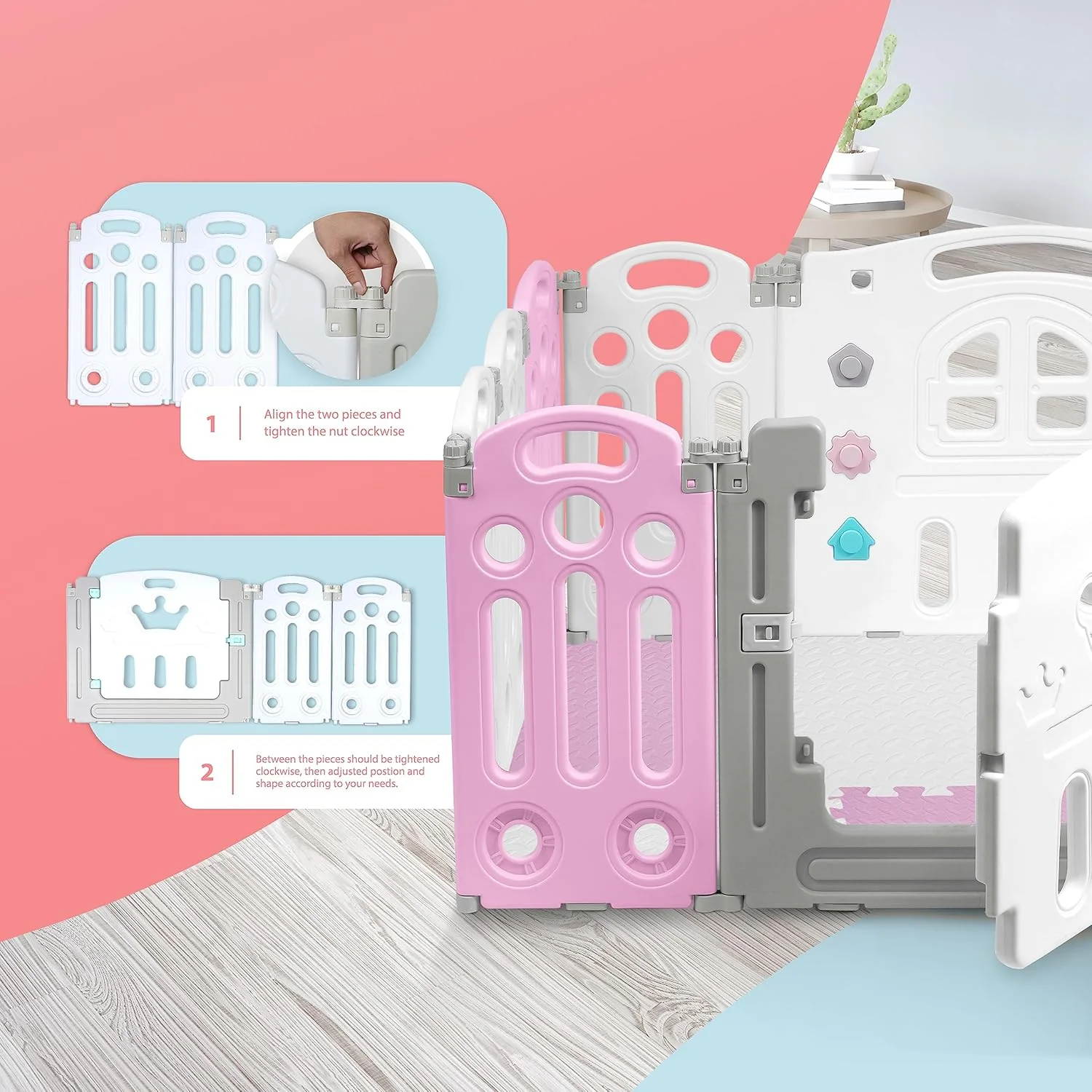 KIDOOLA Adjustable Plastic Baby Toddler Playpen & Anti Slip Playmats (Pink) - Image 2