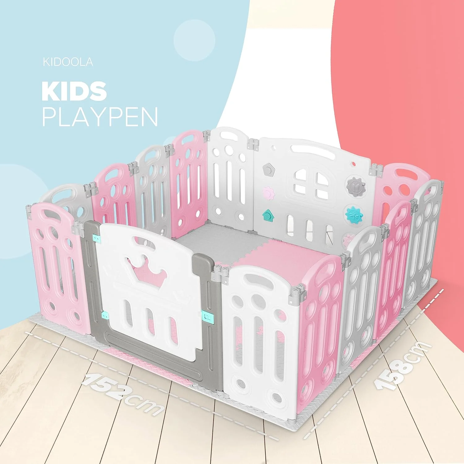 KIDOOLA Adjustable Plastic Baby Toddler Playpen & Anti Slip Playmats (Pink) - Image 3