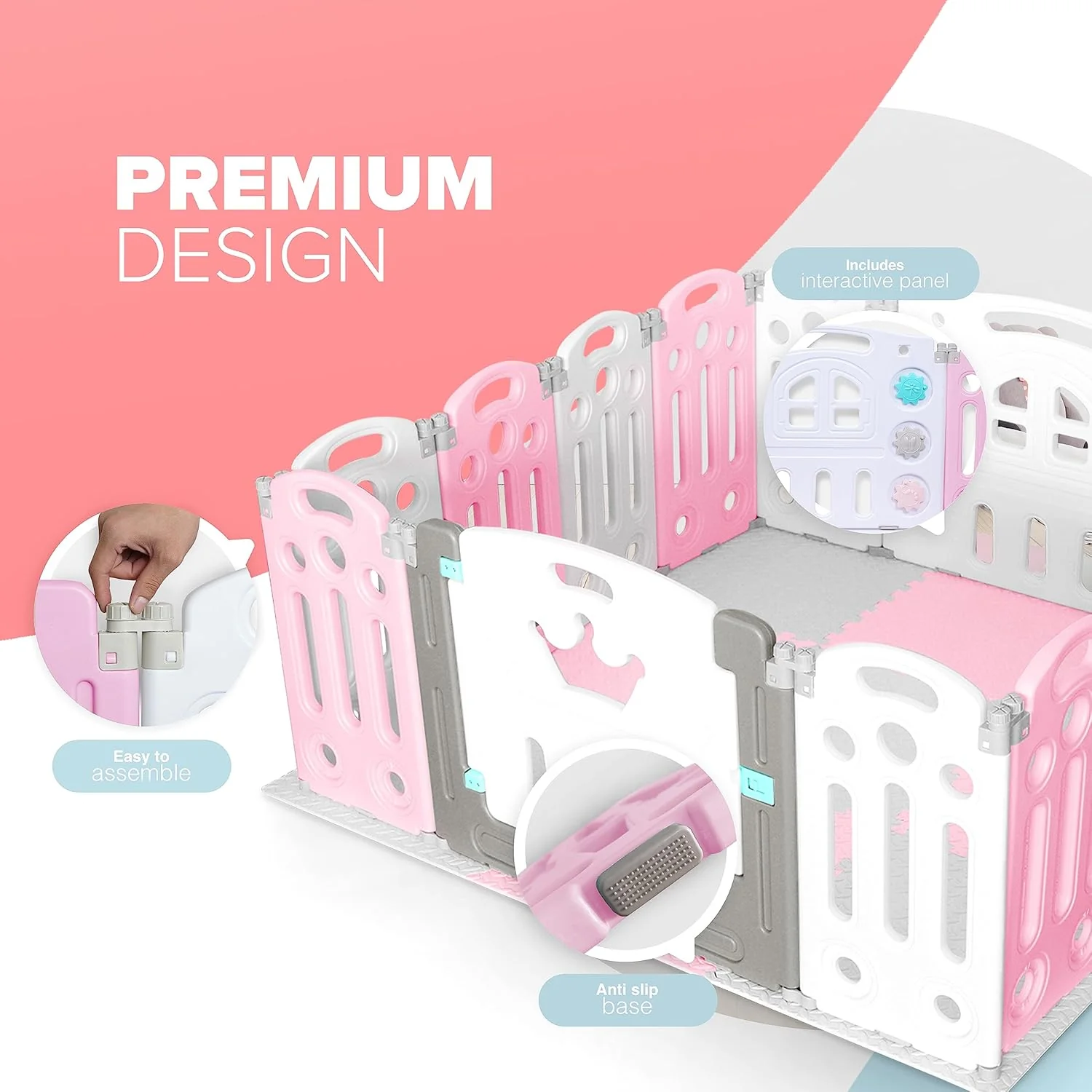 KIDOOLA Adjustable Plastic Baby Toddler Playpen & Anti Slip Playmats (Pink) - Image 6