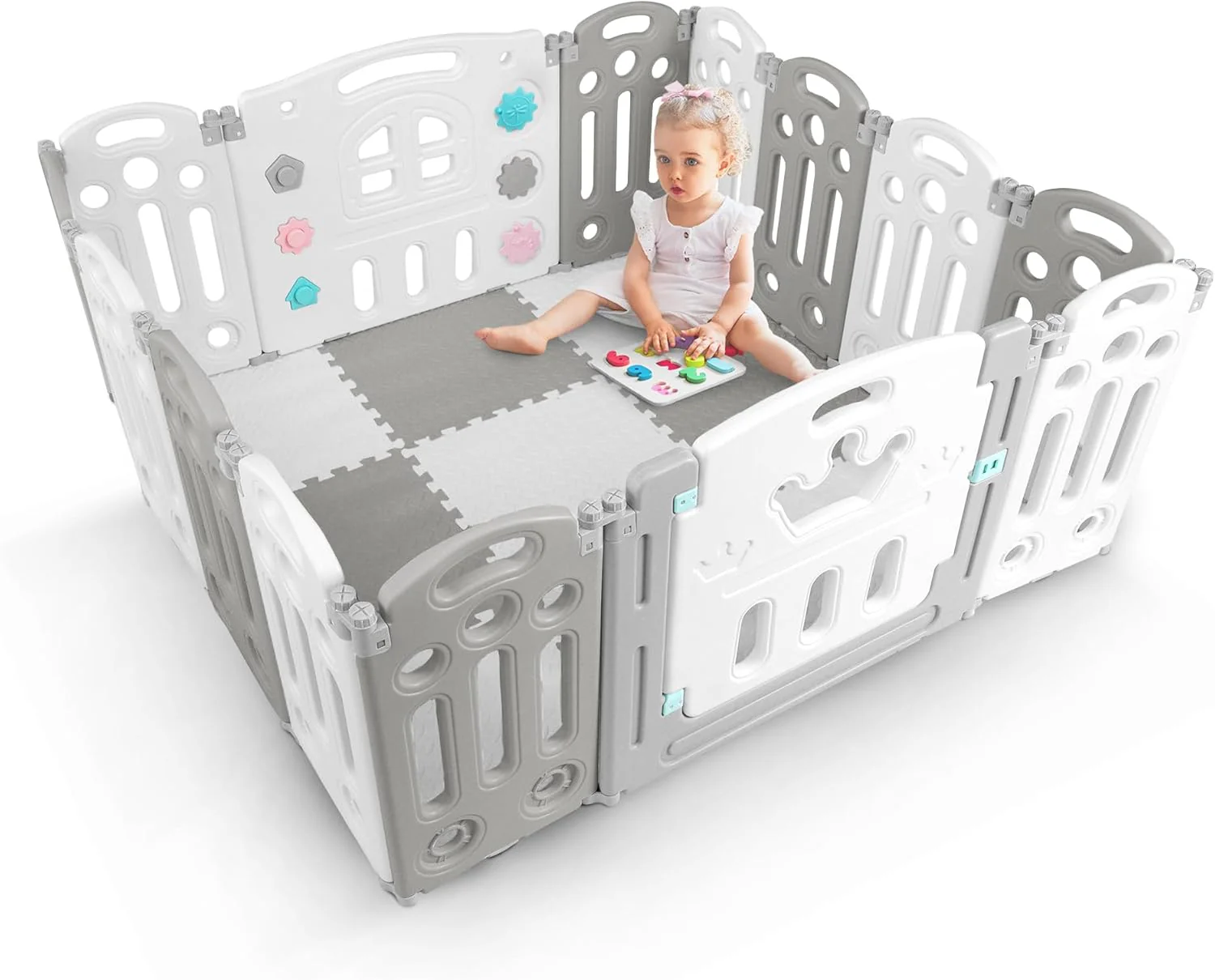 KIDOOLA Adjustable Plastic Baby Toddler Playpen - Grey