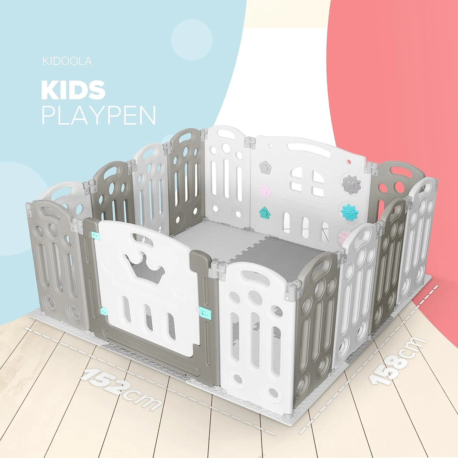 KIDOOLA Adjustable Plastic Baby Toddler Playpen - Grey - Image 3