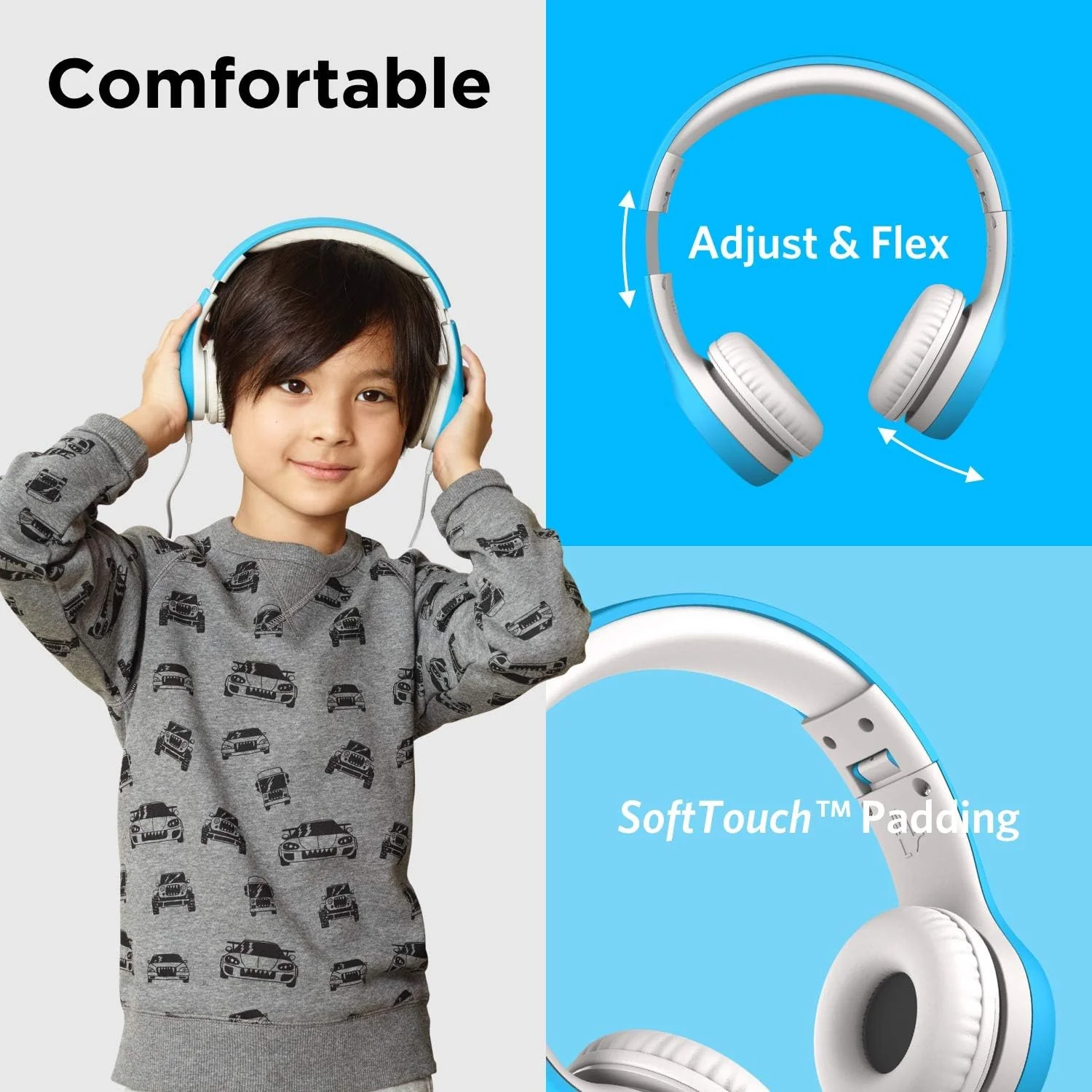 LilGadgets Connect+ Style Wired Headphones for Kids - Blue/White - Image 2