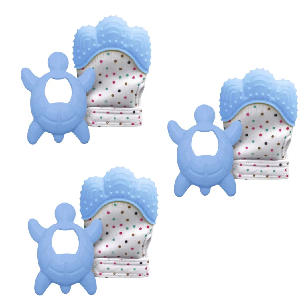 Liname Deluxe Teething Set - Teething Mitten for Babies & Teething Toy - Blue (3 Pack)
