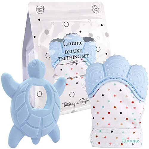 Liname Deluxe Teething Set Includes Teething Mitten for Babies & Teething Toy - Blue - Image 4