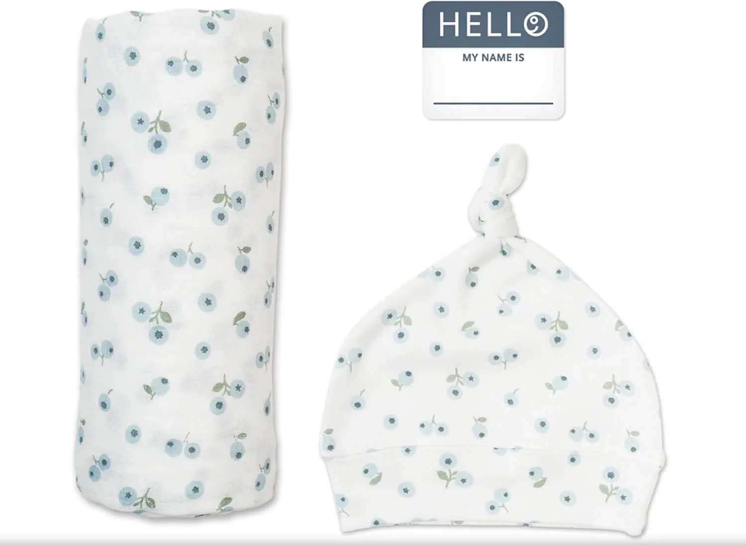 Lulujo Hello World Baby Gift Set | Newborn Baby Hat & Swaddle Set - Blueberries - Image 3
