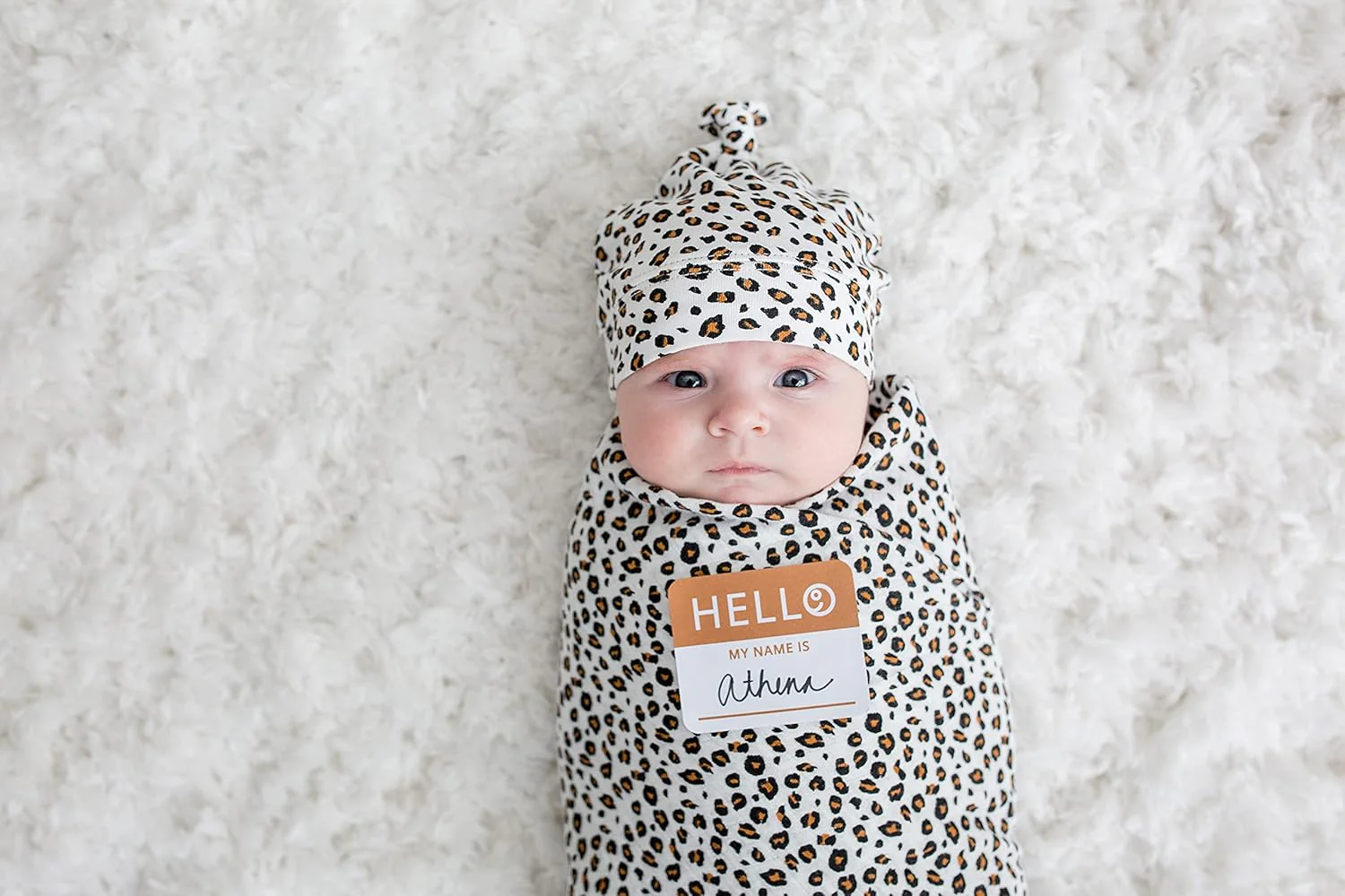 Lulujo Hello World Baby Swaddle & Hat - Leopard (0-3M) - Image 2