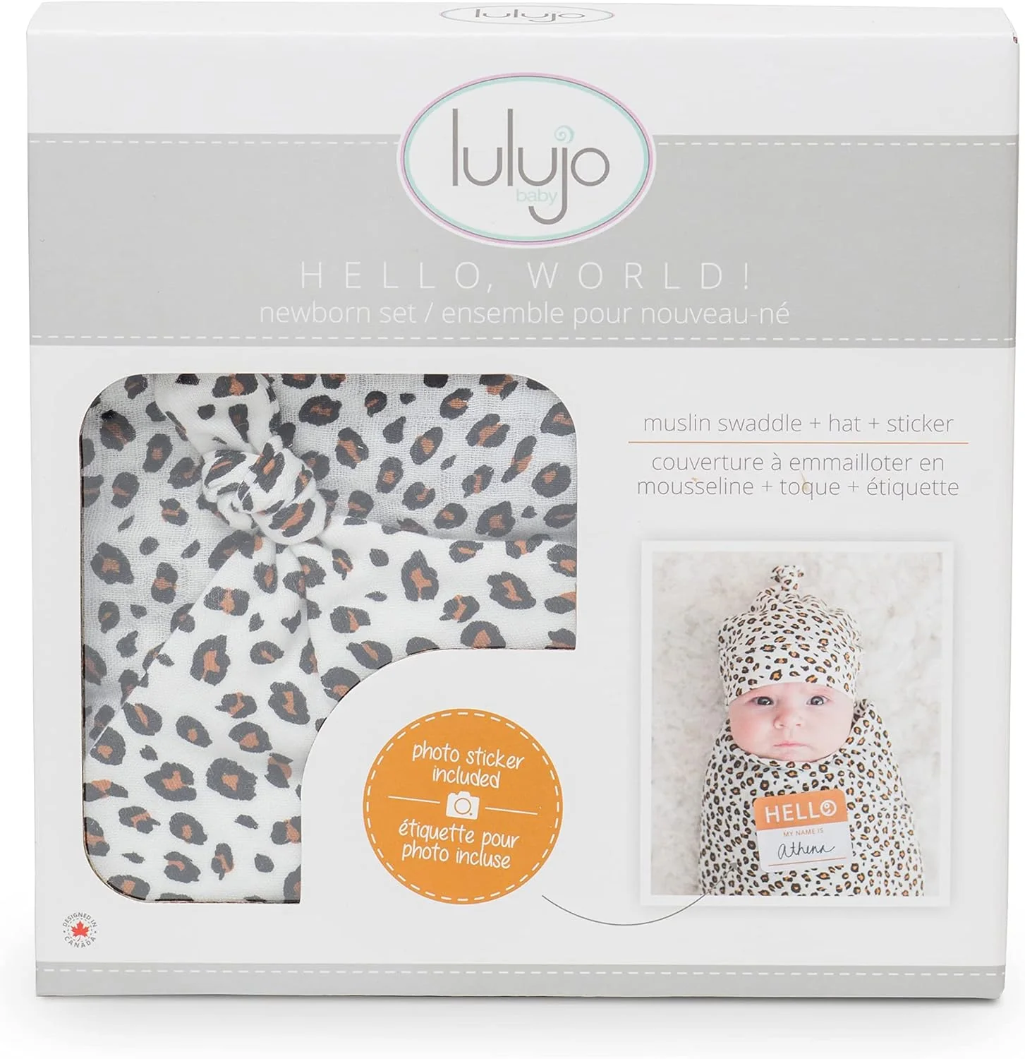 Lulujo Hello World Baby Swaddle & Hat - Leopard (0-3M) - Image 3