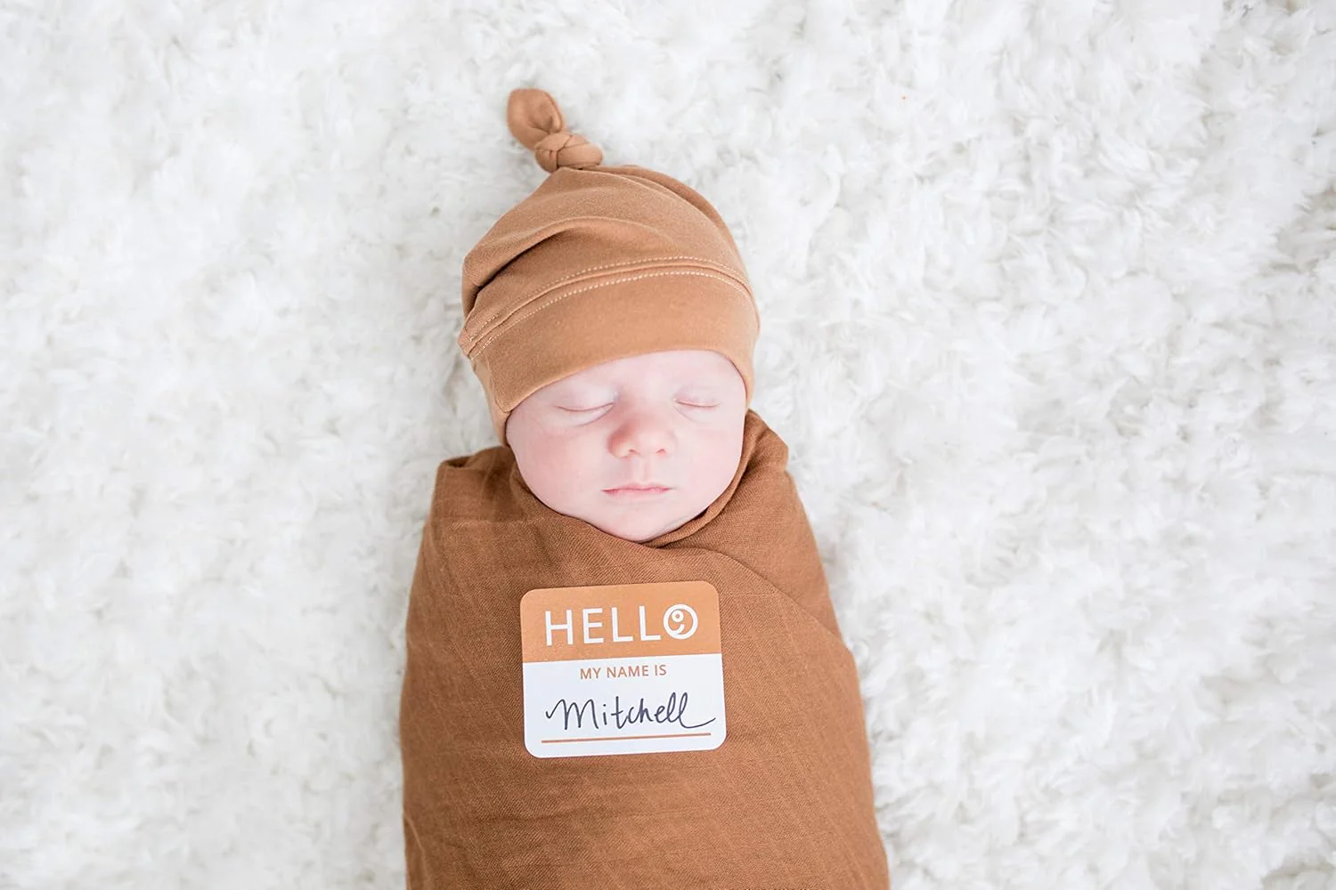 Lulujo Hello World Baby Swaddle & Hat - Tan - Image 2